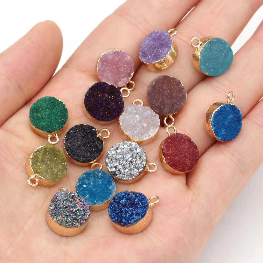 2pcs Natural Druzy Agates Pendants Charms Round Crystal Geode Small Pendants For Jewelry Making Necklace DIY Size 12x15mm