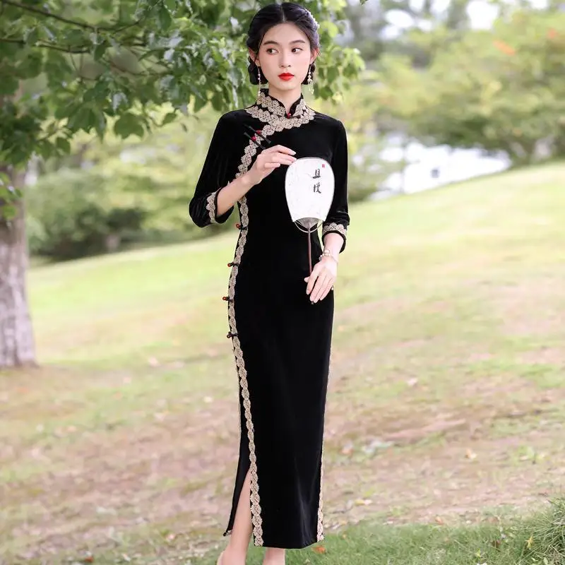 Chinese Style Black Velvet Cheongsam Dress Women Vintage Elegant Young Qipao Party Dresses Female Spring Autumn Slim Vestidos