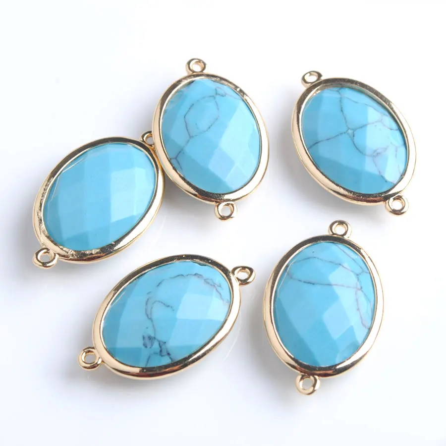 10pcs Shiny Oval Faceted Natural Blue Turquoises Stone Beads Two Hole Connector for Female Homme Jewelry Making Z9067