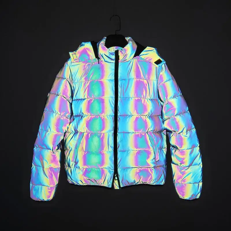 Winter Jacket Men Thick Rainbow Reflective Jackets Parka Coat Fashion Young Hip Hop Loose Jacket Streetwear Outwear Men Clothes