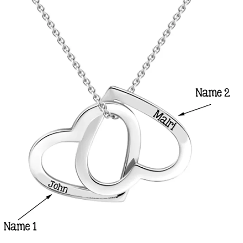 Classic Stainless Steel Double Love Heart Pendant Necklace Personalized Custom Name Interlocking Necklace Couple Anniversary