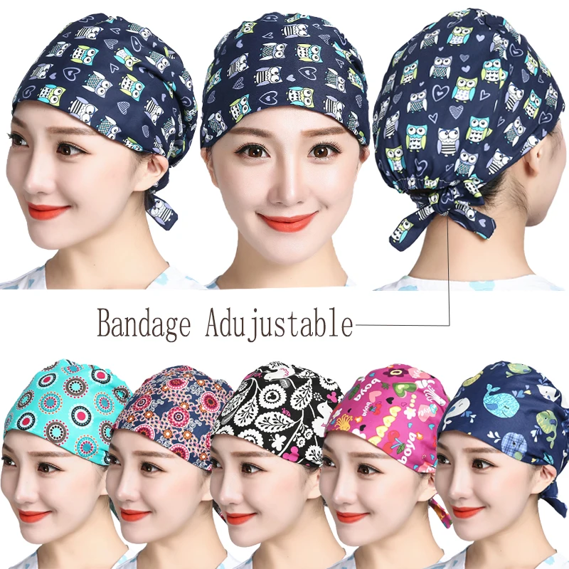 

Scrubs Caps Cartoon Printed Cotton Sweatband Hats Women Bandage Adjustable Work Wear Hats Casual Washable Caps Accessories