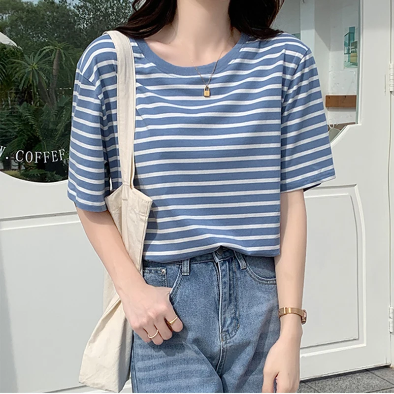 Cotton T Shirt Women 2023 Summer Loose Striped T Shirts Casual O Neck Basic Ladies Clothes Korean Fashion T-shirt Female Tee Top