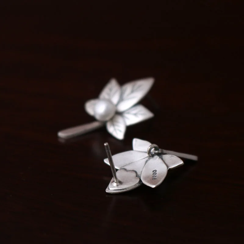 S990 pure white fungus jewelry matte frosted pure silver Acacia maple leaf natural freshwater pearl earrings