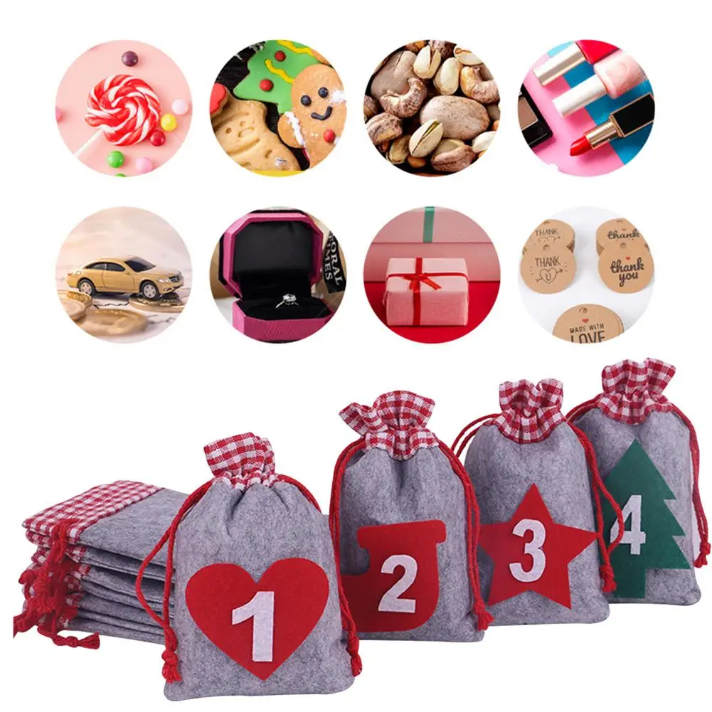 クリスマスカレンダーカウントダウンジュートキャンディーバッグ巾着リネンバンドルポケットDIYクリスマスadventalenadiesギフトバッグ24個セット