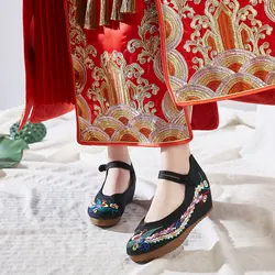 Veowalk Autumn Vintage Handmade Chinese Women Canvas Platforms Flower Embroidered Cotton Comfortable Shoes Big Size 34-43
