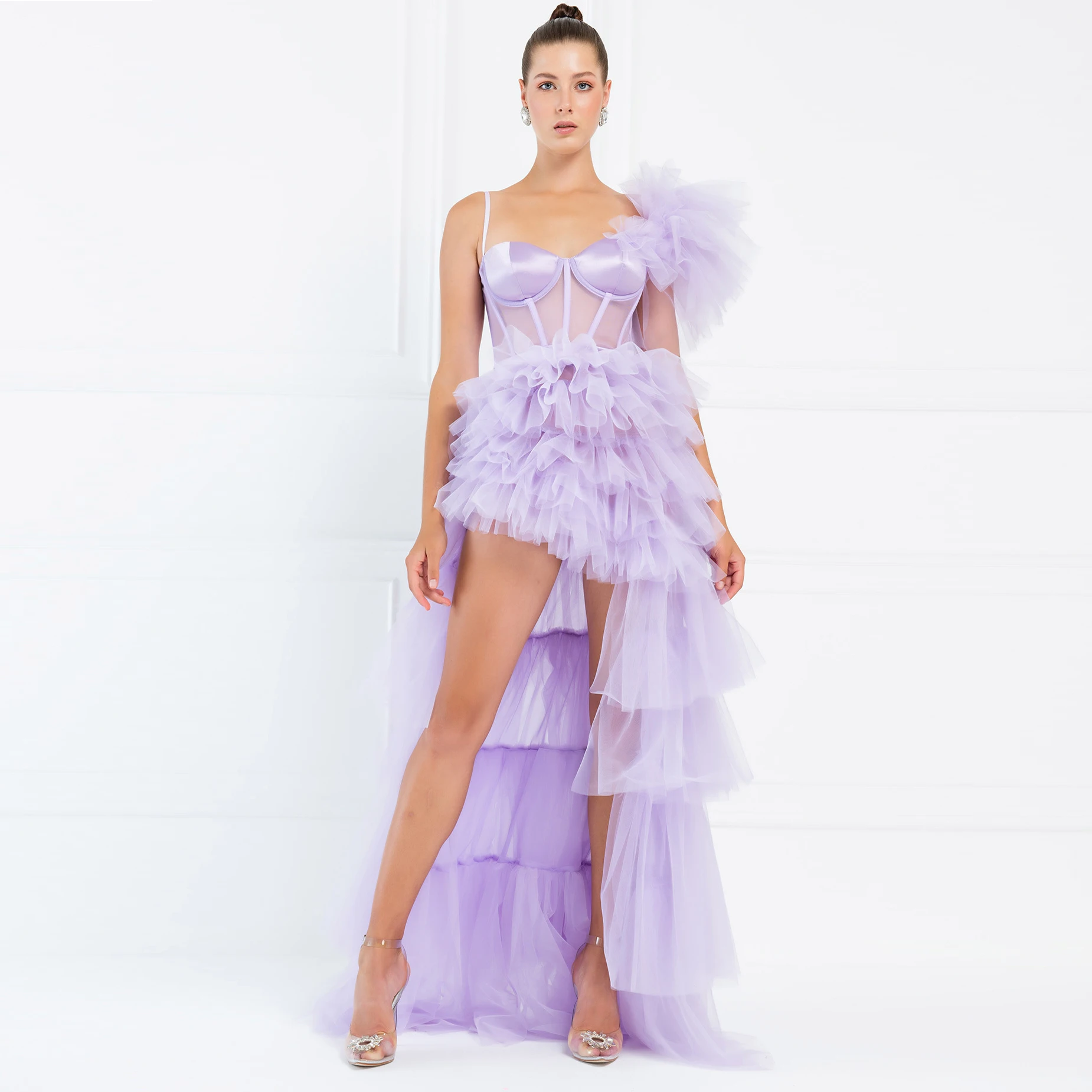 Fashion Lavender High Low Tulle Women Dresses To Party 2021 Sexy Ruffles Tulle Long Women Outfit Summer Female Clothing