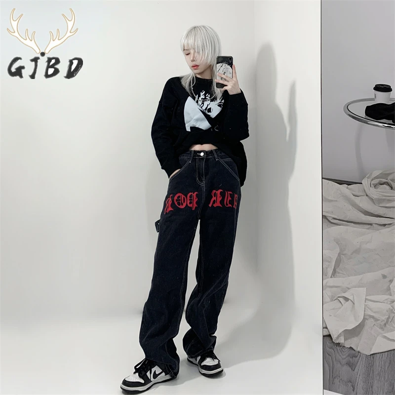 

High Waist Women Jeans Vintage Streetwear Hip Hop Black Straight Baggy Trouser Fashion Casual Autumn Ladies Wide Leg Denim Pants