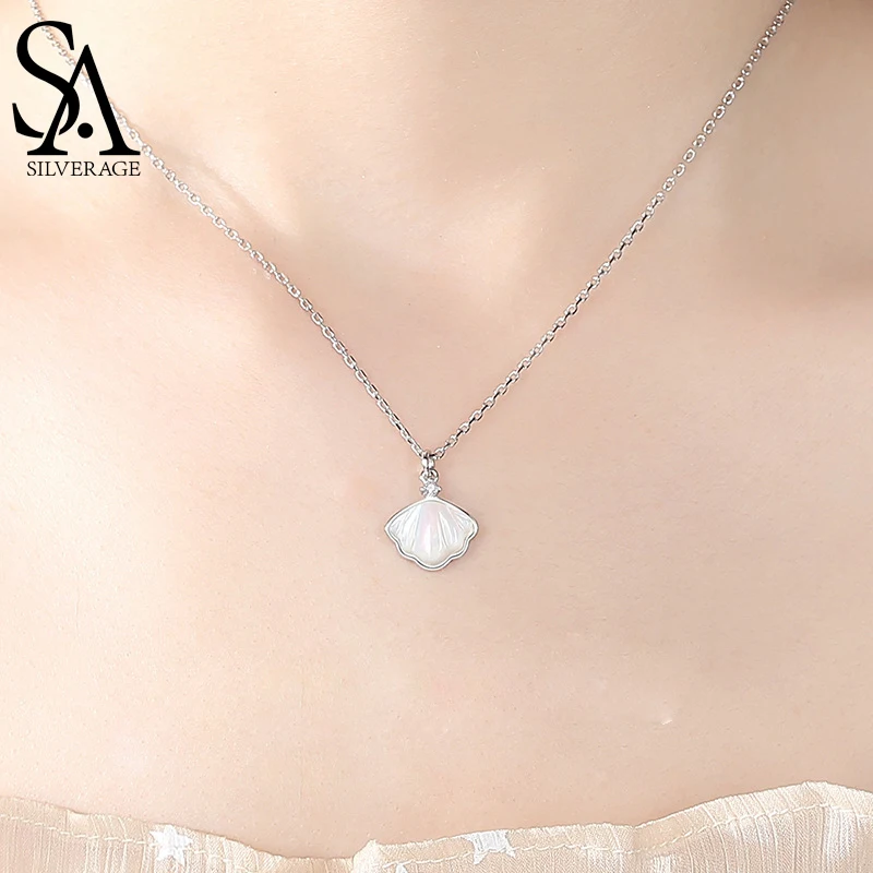 

SA SILVERAGE Shell Pendant Send Girlfriend Natural Stone Necklace Sterling Silver 925 Silver Necklace Female Clavicle Chain