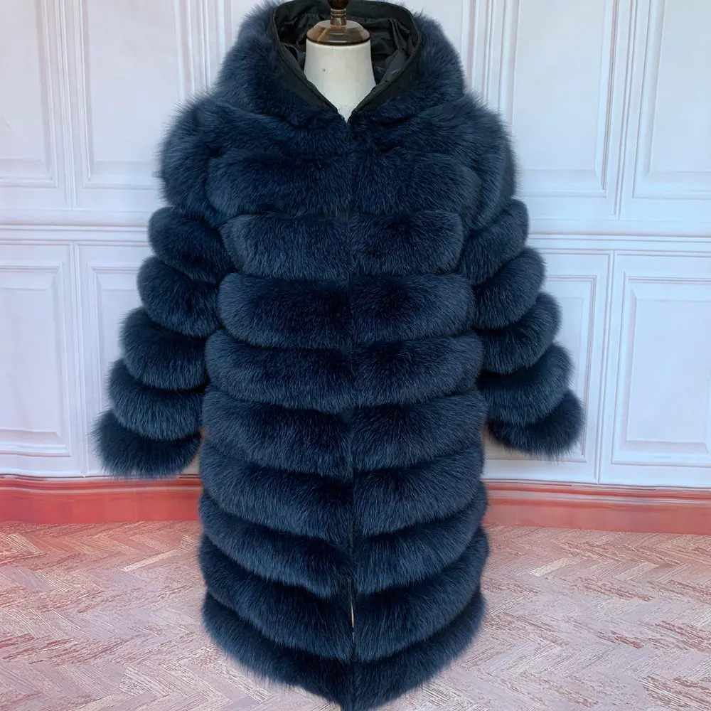 QIUNUOXI 90cm 2022 Winter Real Fox Fur Women Coats Natural Genuine Female Fox Fur Jacket High Quality Ladies Hooded Coat