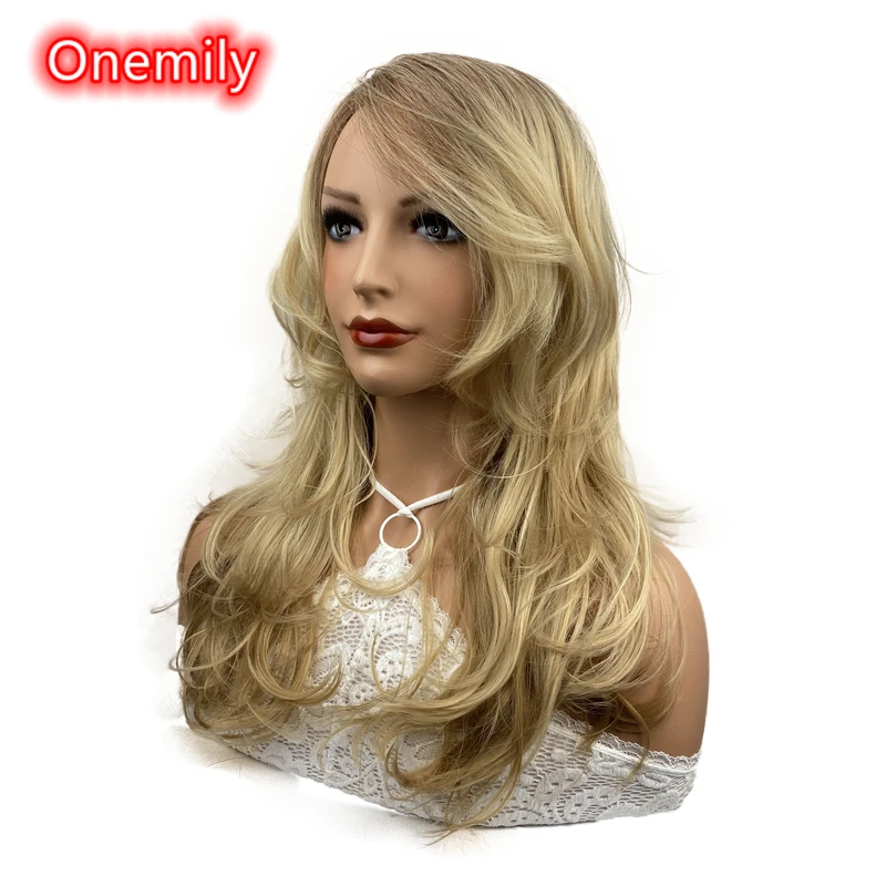 Onemily Long Wavy Heat Resistant Synthetic Ombre Wigs for Women Girls with Bangs Theme Party Out Fun Blonde with Dark Roots