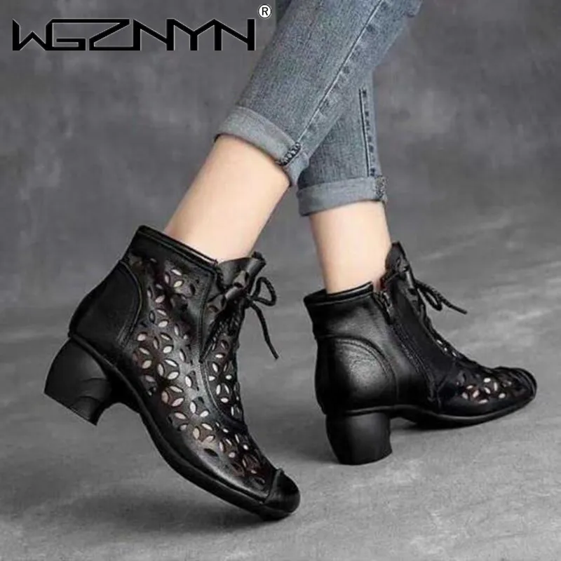 NEW Retro Style Soft Leather Women Boots 2023 Summer Mid Heels Sandals Shoes Side Zip Female Footware Black Brown Dropshipping