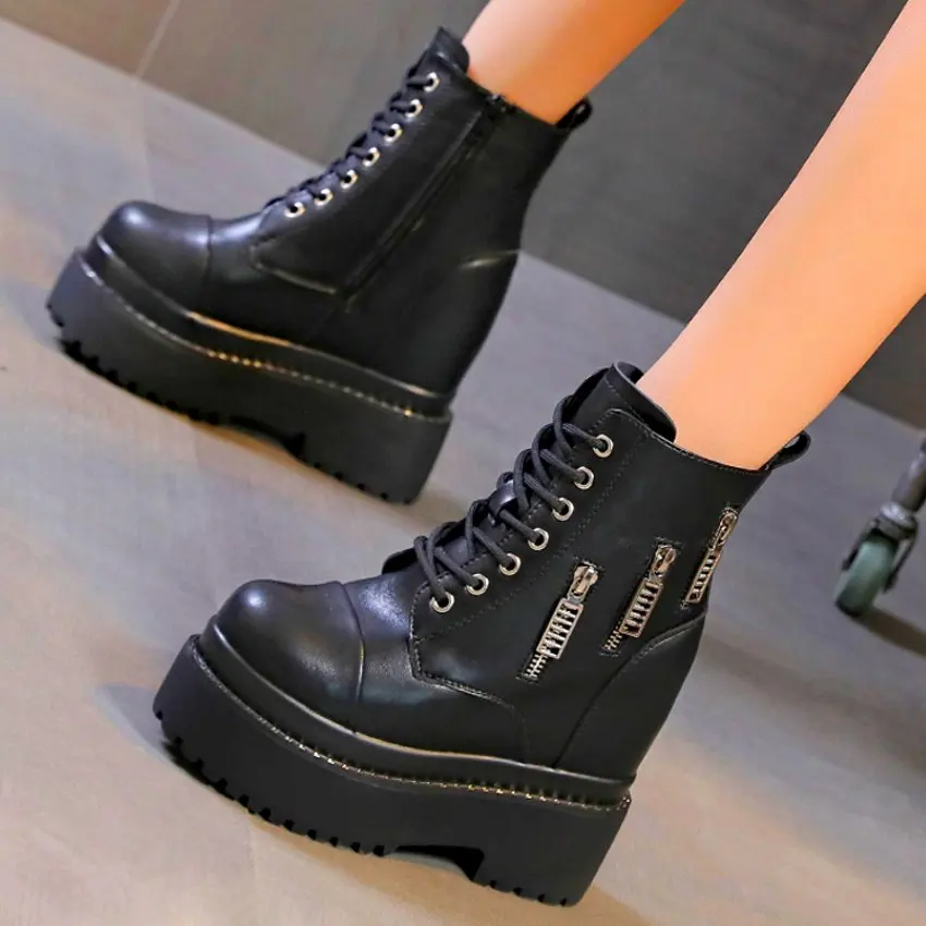 Punk Goth Platform Pumps Women Genuine Leather Round Toe Ankle Boots Zipper Tassel Military High Heel Oxfords Motorycle Lace Up