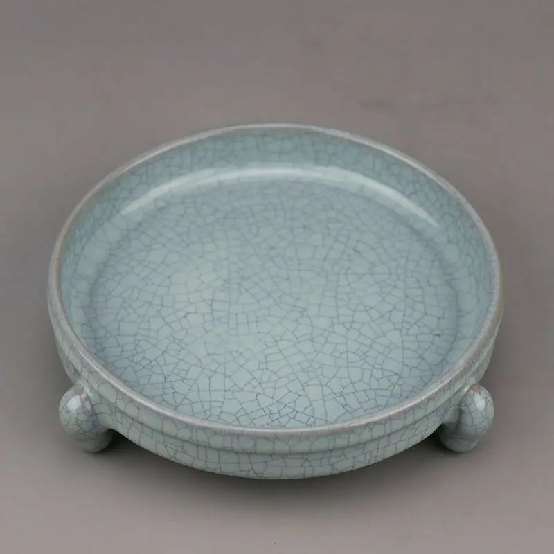 China Porcelain SONG RU Kiln Sky Cyan Glaze Crack Three Foot Brush Washer Plate