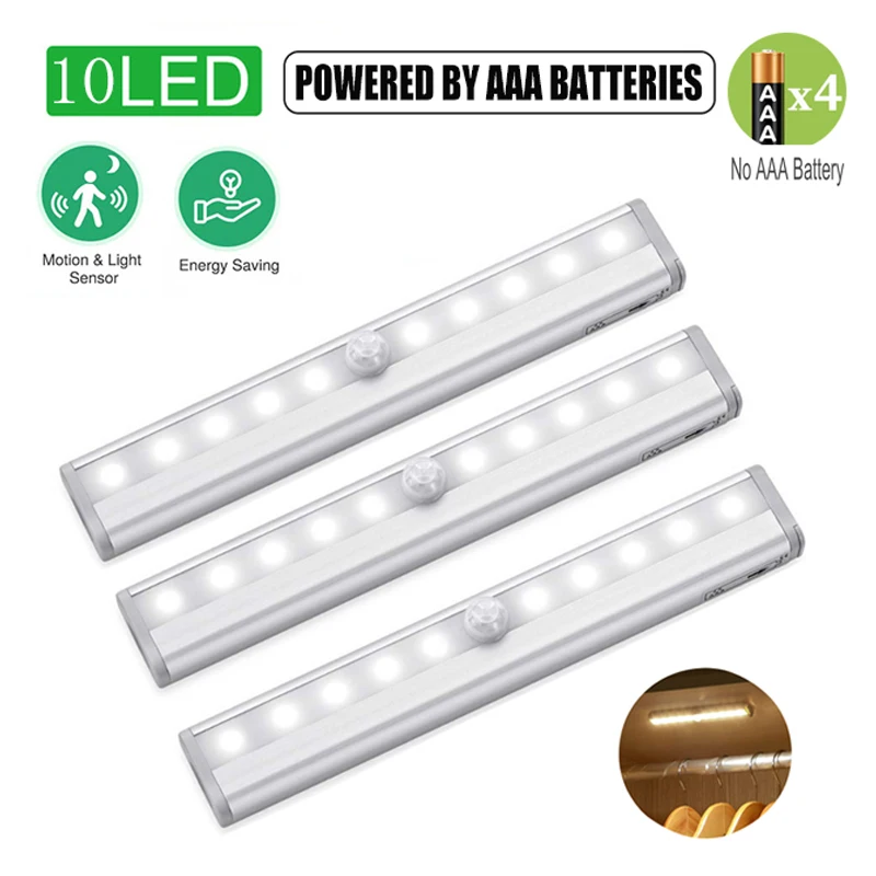 10 LEDs PIR Motion Sensor Closet Light Battery Operated Under Cabinet Lights Cupboard Wardrobe Stairs Wall Lamp For Kitchen Room