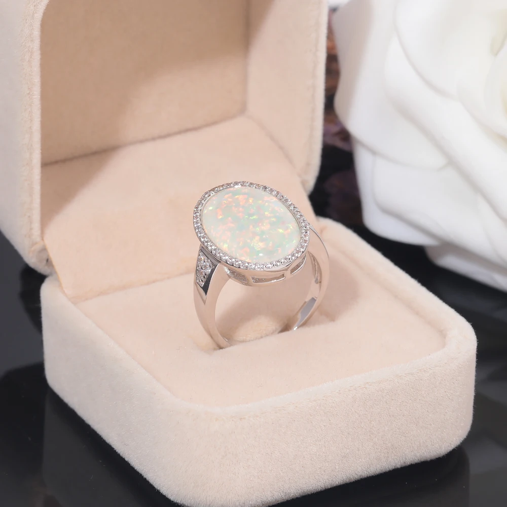 CiNily Created White Fire Opal Cubic Zirconia Silver Plated Wholesale for Women Jewelry Christmas Gift Ring Size 7-9 OJ9270