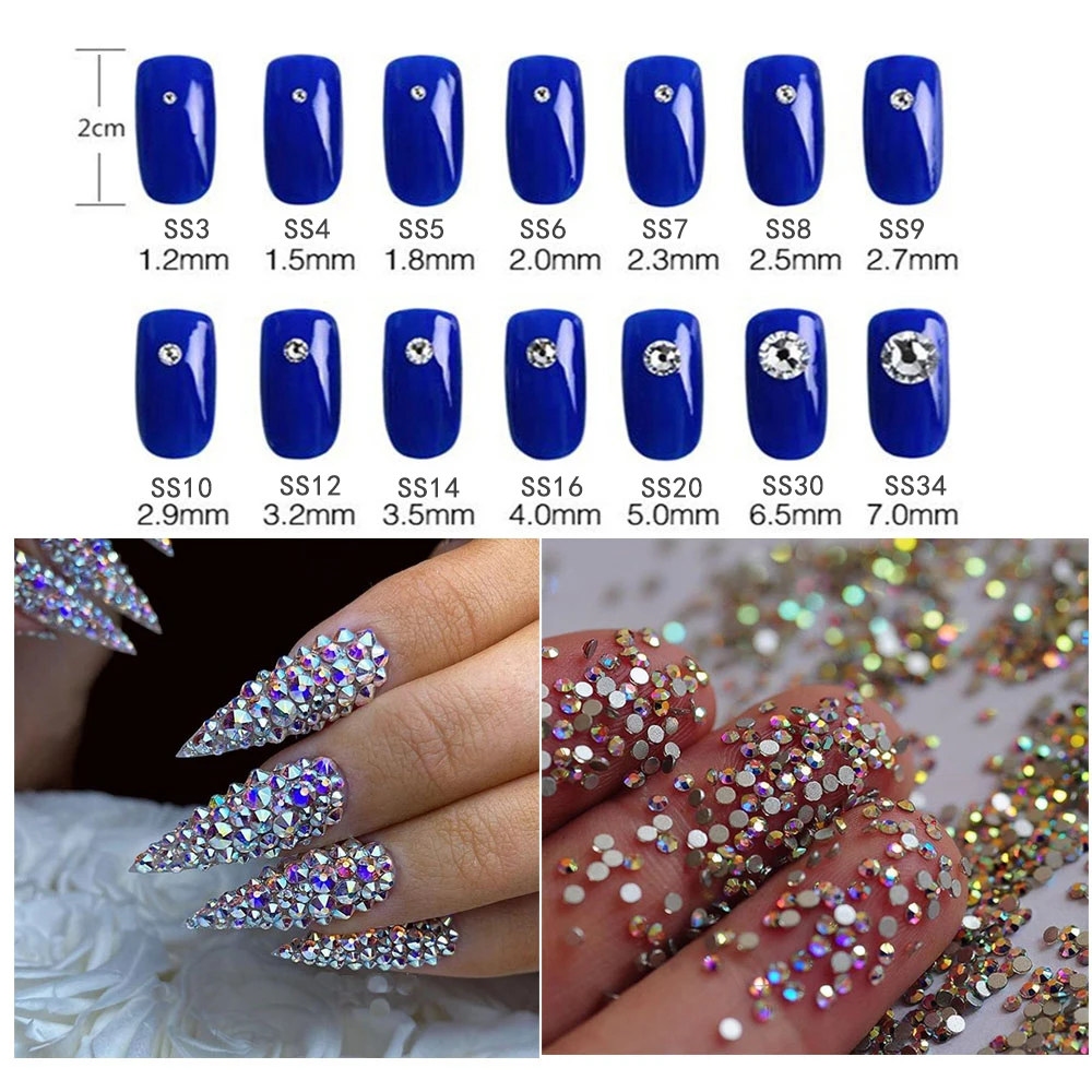 Top quality SS3-SS43 Clear Crystal White 3D Nail Art Decoration rhinestones Silver Flatback Rhinestones Glitter Gems