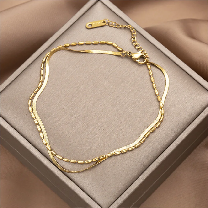 316L Stainless Steel Fashion High-end Jewelry Minimalism 2-Layer Beaded Charm Snake Bone Chain  Anklets For Women