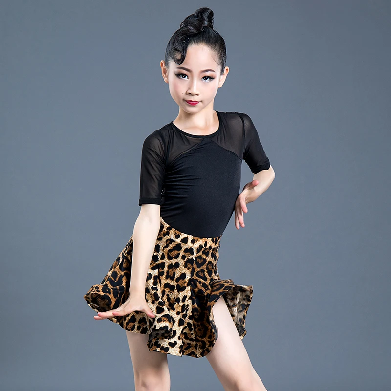 Dziecięca sukienka do tańca latynoskiego Sukienki do ćwiczeń Leopard Latin Performance dla kobiet Dziewczęta Spandex Spódnica do tańca konkursowego