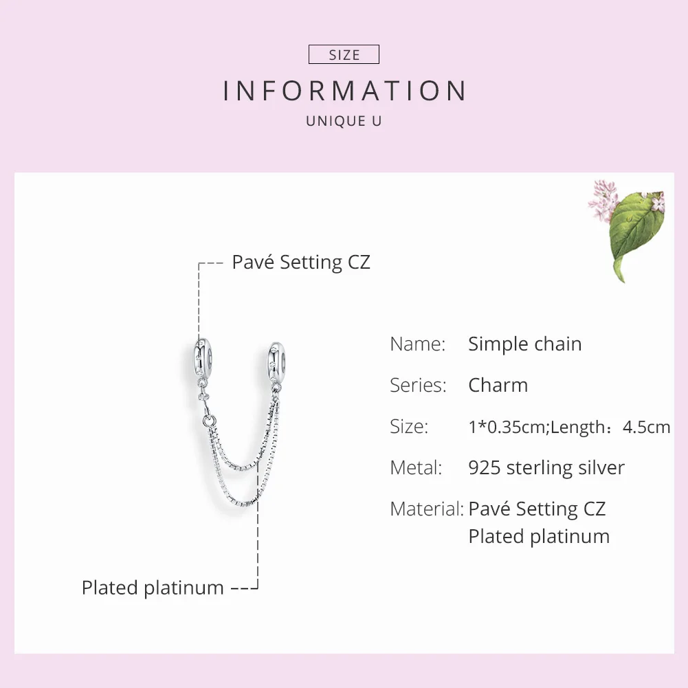 bamoer Genuine 925 Sterling Silver Safety Box Chain Charm for Original Silver Bracelet Stopper Charms with Silicone SCC1419