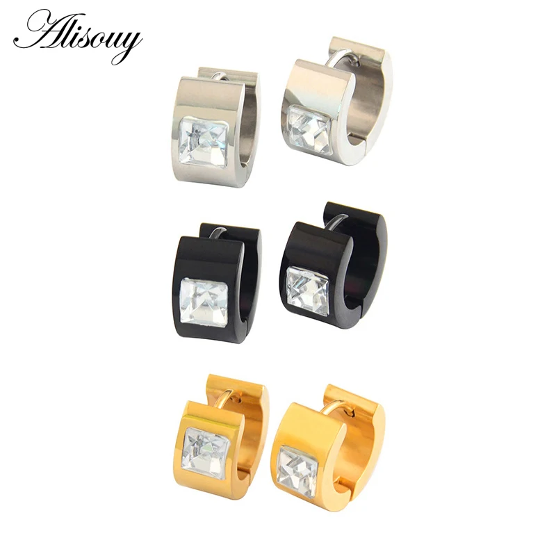 Alisouy 2pc Square Crystal Zircon CZ 7mm Width Stainless Steel Women Men Unisex Huggies Ear Buckle Hoop Earring Piercing Jewelry