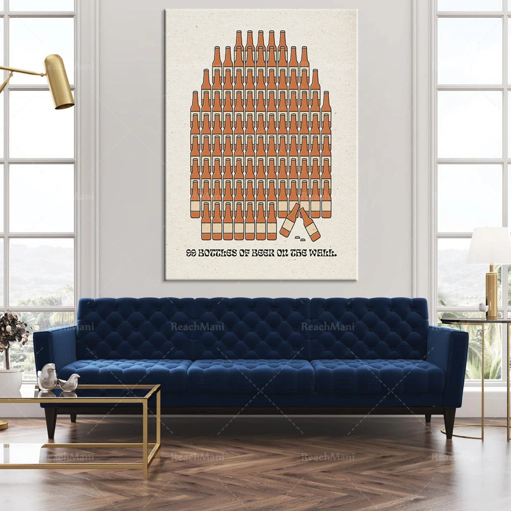 There are 99 beer bottle prints on the wall • Beer bar art • Cheers • Toast • Beer • Bottled beer • Party!