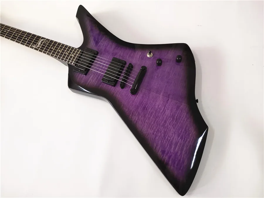 A new high quality custom shaped 6 - string electric guitar with purple and black accessories