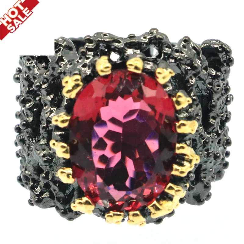 

Buy 3 Get 1 Free 22x17mm Unique Big Heavy 18.5g Rings For Man Handmade Created Pink Tourmaline Cool Black Color Metal Gothic