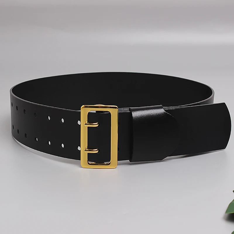 

Trendy Wid Belt For Women Solid Leather Waistband Fashion Gold Color Double Row Pin Buckle Female Cummerbunds Corset Belt Luxury