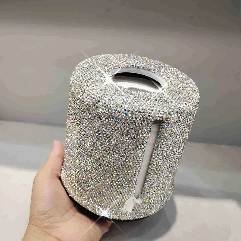 Rhinestone Cylinder Tissue Box Circular Pumping Case Office Living Room Bedroom Toilet Roll Paper Tube Bucket Holder Storage