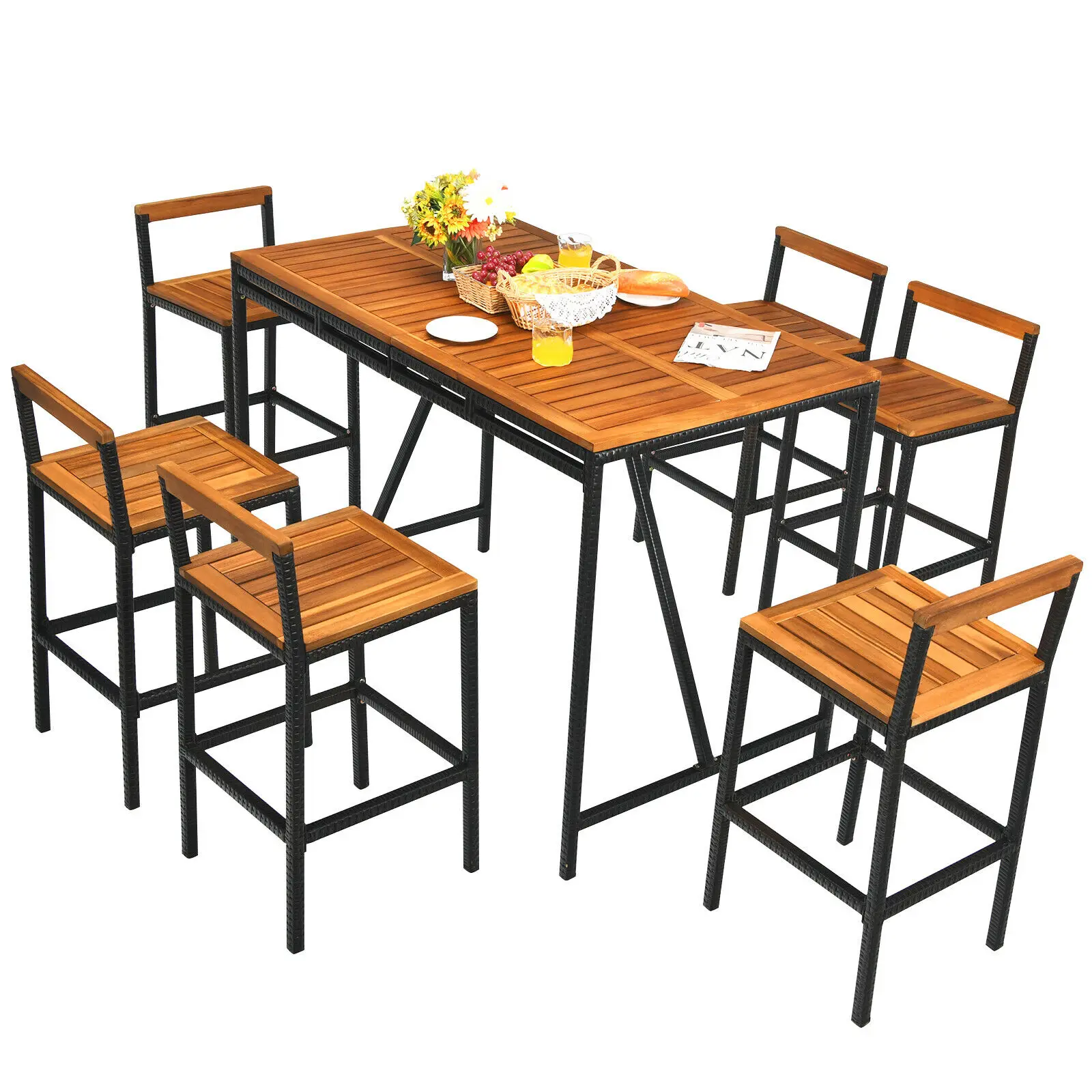 Patiojoy 7PCS Patio Rattan Bar Set Acacia Wood Frame Stools Table Umbrella Hole  HW68237+