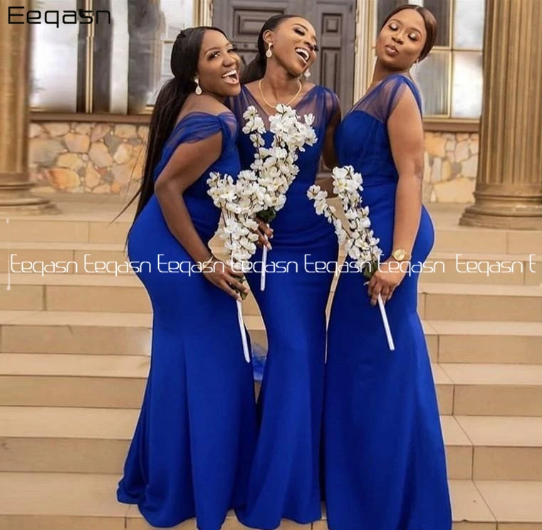 Eeqasn Royal Blue Satin Abiti Da Damigella D'onore Più Il Formato Per La Cerimonia Nuziale Africano Sirena Backless Abiti di Usura di Promenade Commercio All'ingrosso