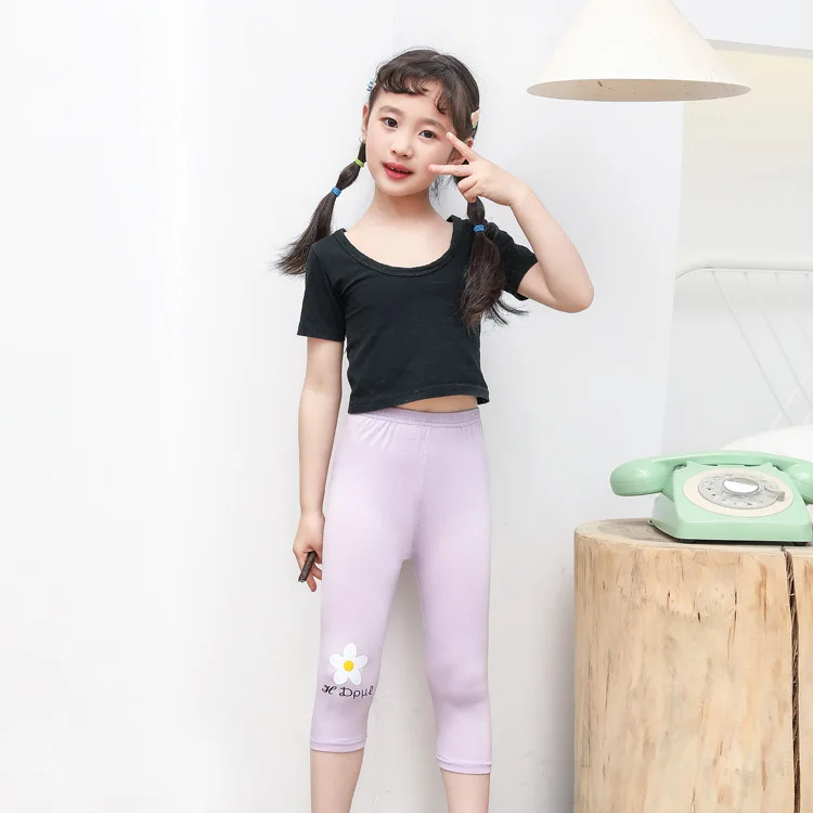 Summer Girls Leggings Baby Kids Skinny Slim Pants Modal Cotton Girl Flower High Stretch Legging Thin Casual Wear Knee Length