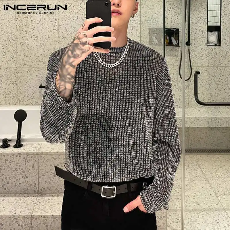 INCERUN 2023 Fashion Men T Shirt Mesh See Through O-neck Long Sleeve Camisetas Party Nightclub Streetwear Sexy Tee Tops S-5XL