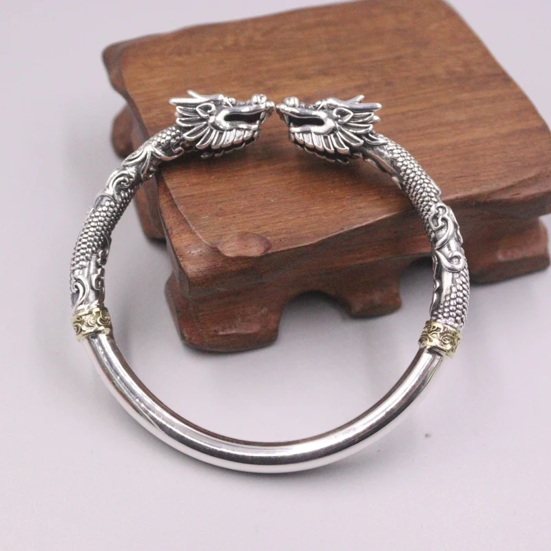 New Fine Pure S925 Sterling Silver Bangle Women 9mm Double Dragon Bead Bracelet 60-65mm 50-51g