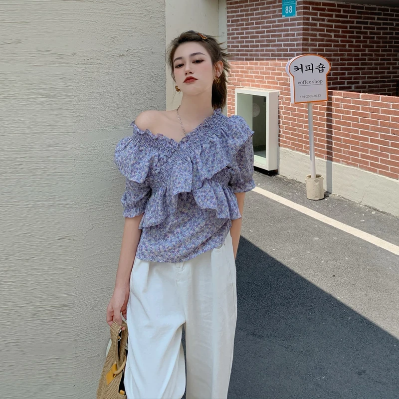 

Sweet Ruffle Short Sleeve White T-shirt Blouse Women Elegant Off Shoulder Floral Printed Chiffon Cropped Top Feamle Sexy Tees