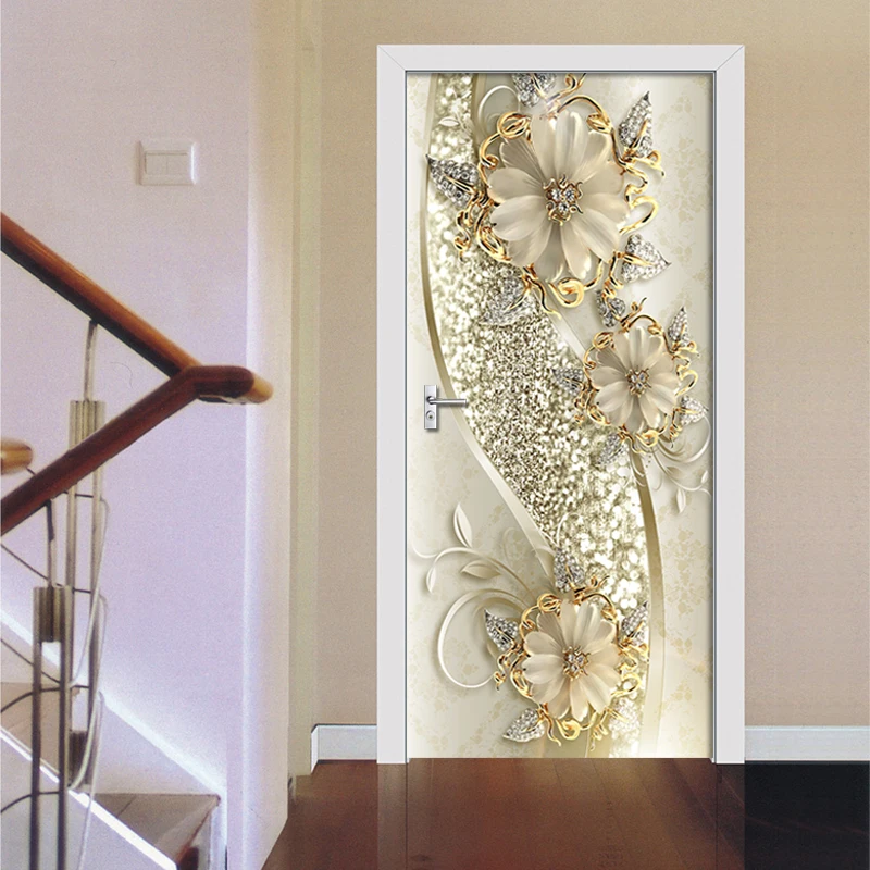 

3D Door Sticker Golden Embossed Flowers Wall Mural Art Wallpaper Poster Door Sticker PVC Self Adhesive Removable Home Door Decal