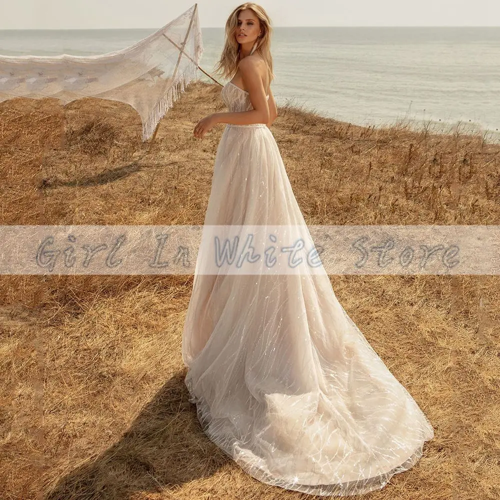 Vestidos De Novia sencillos sin tirantes, corte en A, tren De corte personalizado, apliques De lentejuelas, Vestidos De puente con cuentas, Vestidos De Novia