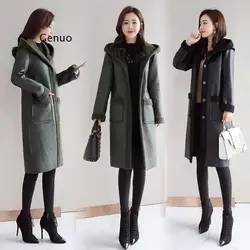 Abrigo de piel sintética para mujer, Chaqueta larga de Pu negra y verde militar, abrigo holgado con capucha a la moda de terciopelo