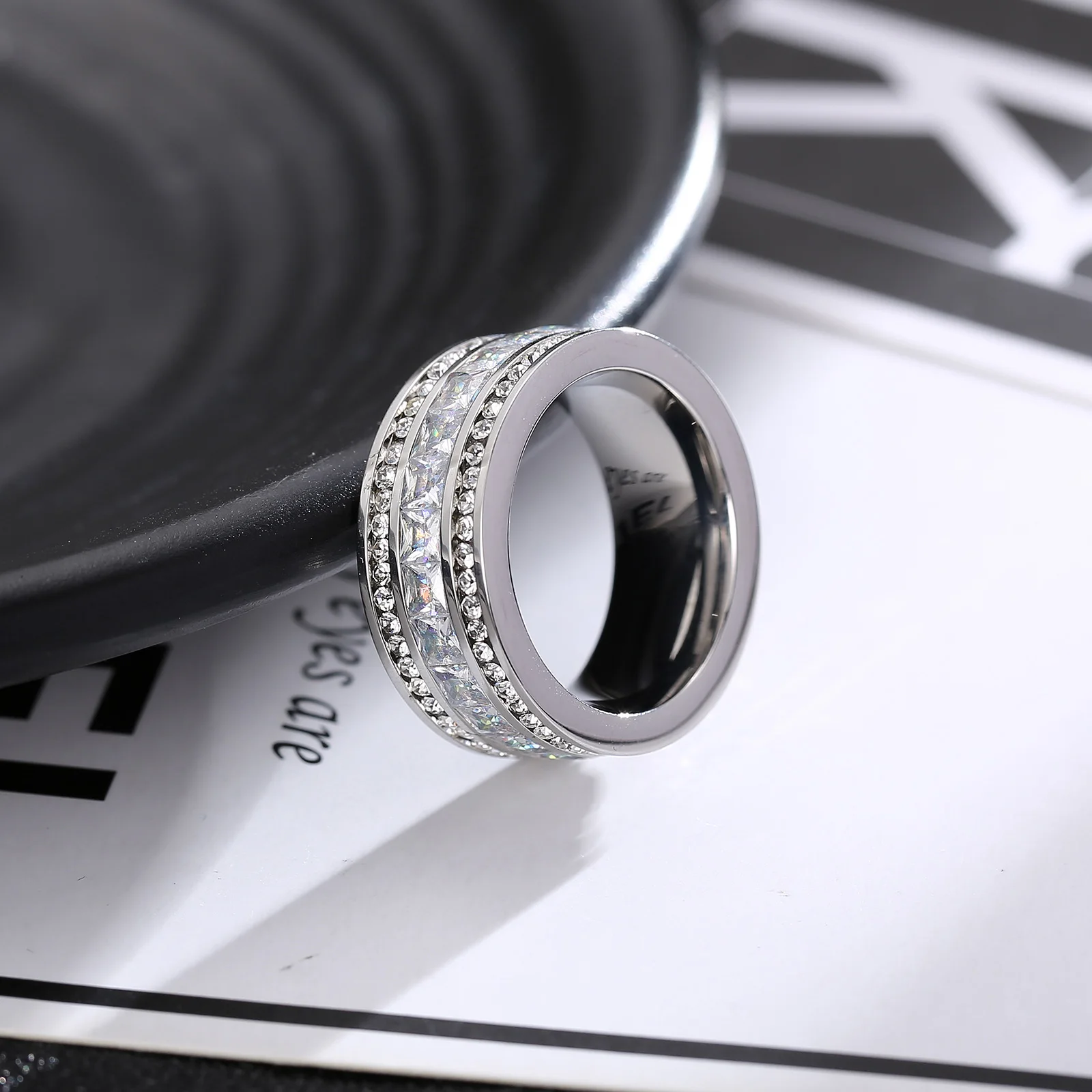 KALEN Luxury Zircon Ring Gold Color Double Row Square CZ Stainless Steel Ring For Women Romantic Engageme Wedding Party Jewelry