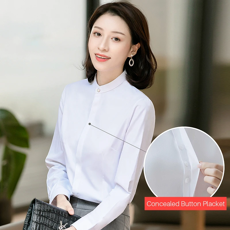 Women’s Long Sleeve Stand Collar Office Formal Casual Shirt Blouse Concealed Button Placket Ladies Office Slim-fit Dress Shirts