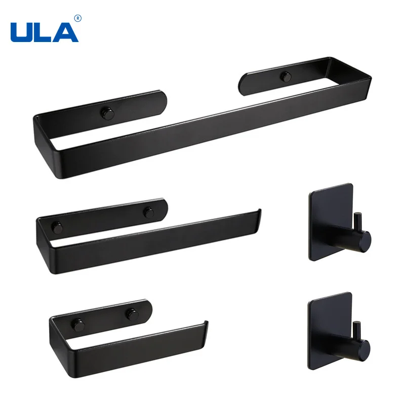 

ULA Free Drill Black Bathroom Hardware Set Robe Hook Towel Rail Rack Bar Shelf Tissue Paper Toothbrush Holder Bath Accessories