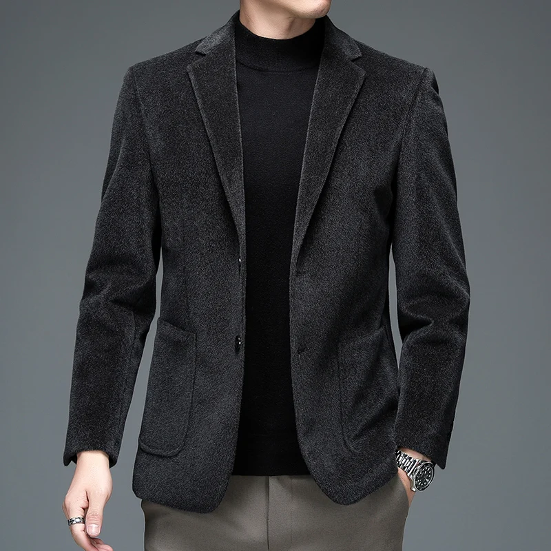 Autumn Winter Men Imitated Mink Wool Blazers Beige Black Smart Casual Suit Jacket Male Notched Collar Straight Business Outfits