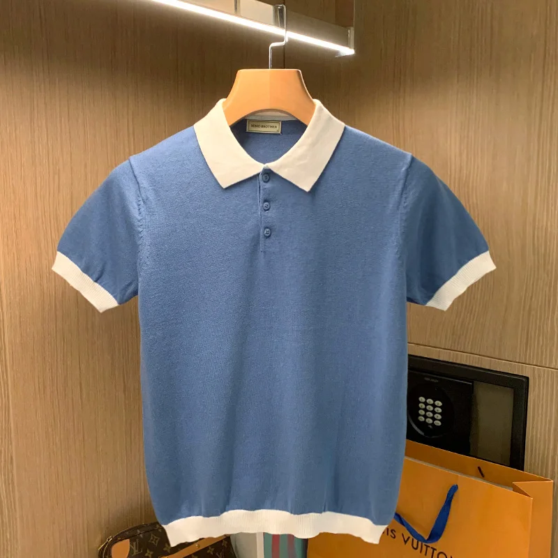 

Summer 2022 Fashion Men Polo Shirt Casual Thin Turn-down Collar Tops Male Short-sleeved Solid Color Knitted Casual Poloshirt A73