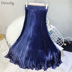 Women's Elegant Metal Color Mermaid Skirt Female Korean High Waist Satin Pleated Maxi Skirts 11 Colors 2020 Summer Saias SK544