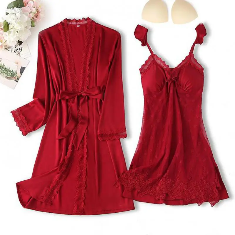 Summer Nighty&Robe Suit Women Satin Sleepwear Set Casual Kimono Bathrobe Gown Sexy Intimate Lingerie Silky Loose Home Clothes