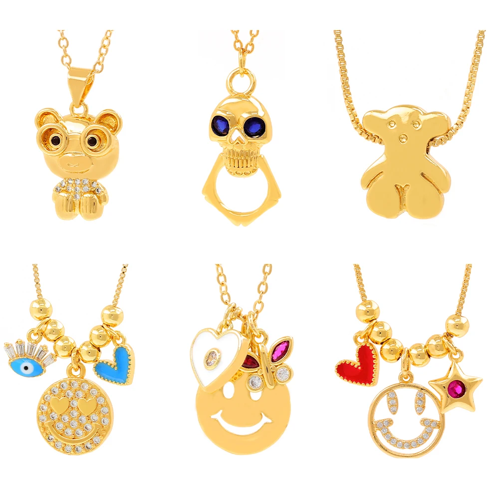 Copper gilded net red smiley face necklace female cute bear ins tide cold clavicle necklace temperament simple pendant