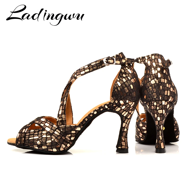 Ladingwu New Latin Dance Shoes Woman Dance Shoes Glod Black Ballroom Latin Dance Shoes Suede Ballroom Shoes Dance Sandals