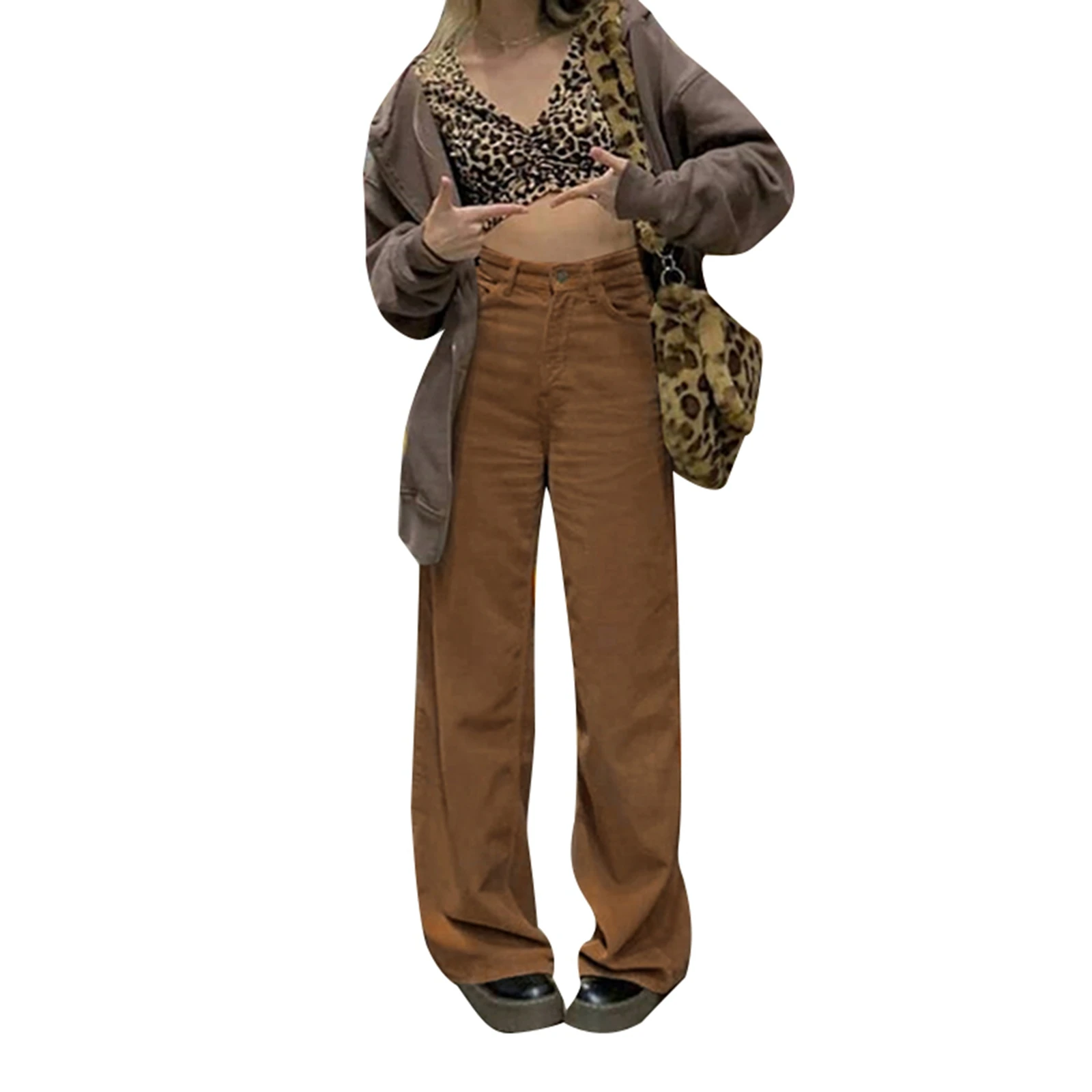 New Women Casual Wide-Leg Pants Solid Color High Waist Loose Trousers Khaki/ Apricot Fashionable And Charming Unique Style