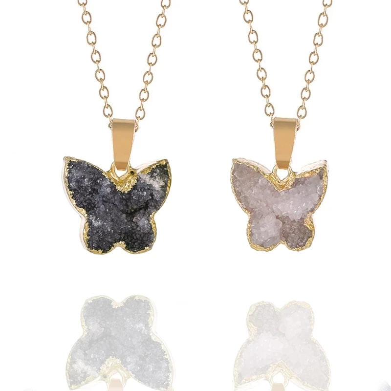 

Fashion Exquisite Quartz Stone Butterfly Pendant Necklace For Women Reiki Healing Natural Minerals Crystal Choker Druzy Jewelry